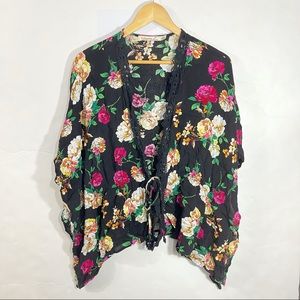 Black Floral Kimono Top w/ Lace Trim XL